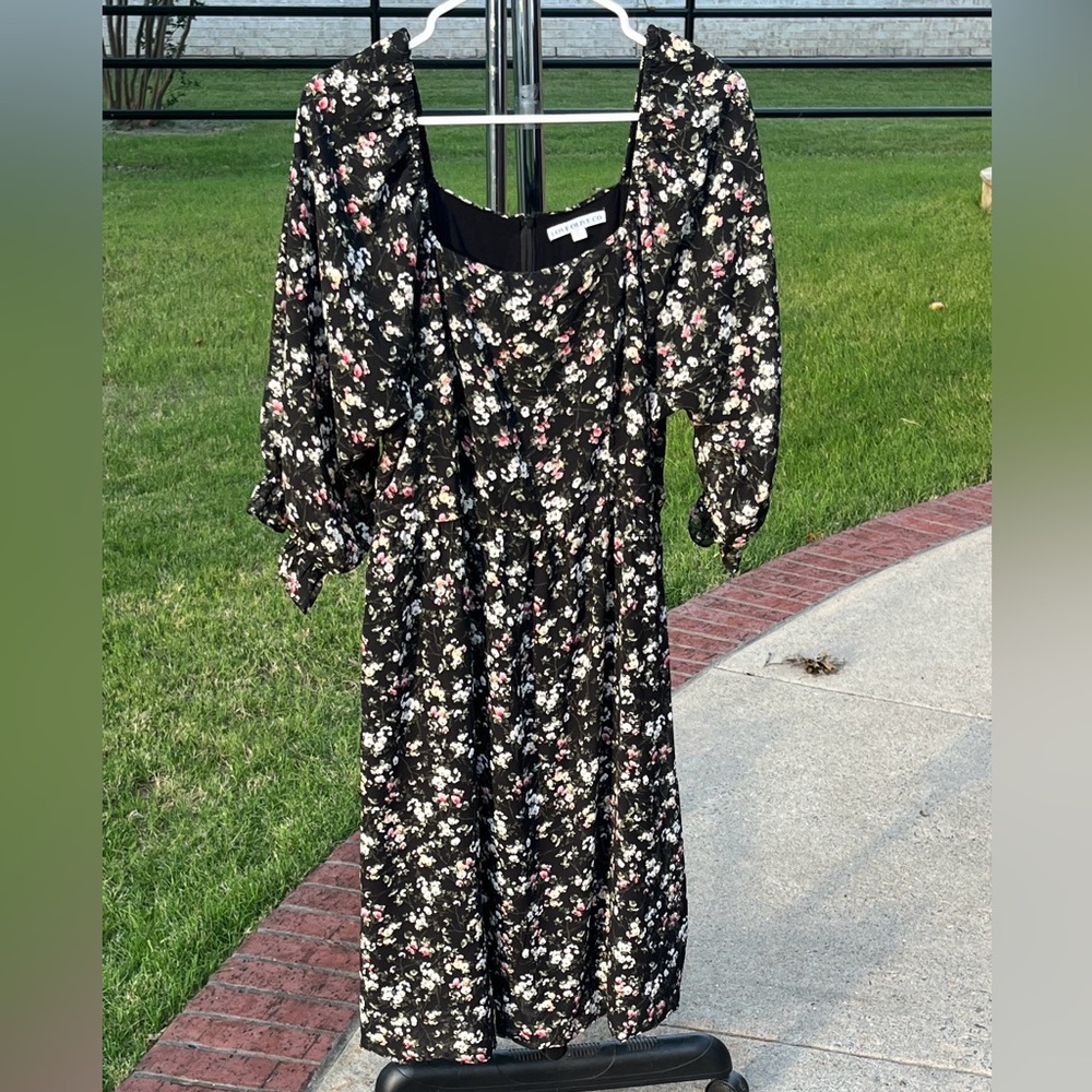 Love Olive Black Ruffle-Sleeve Midi Dress with Pink & Cream Floral Pattern